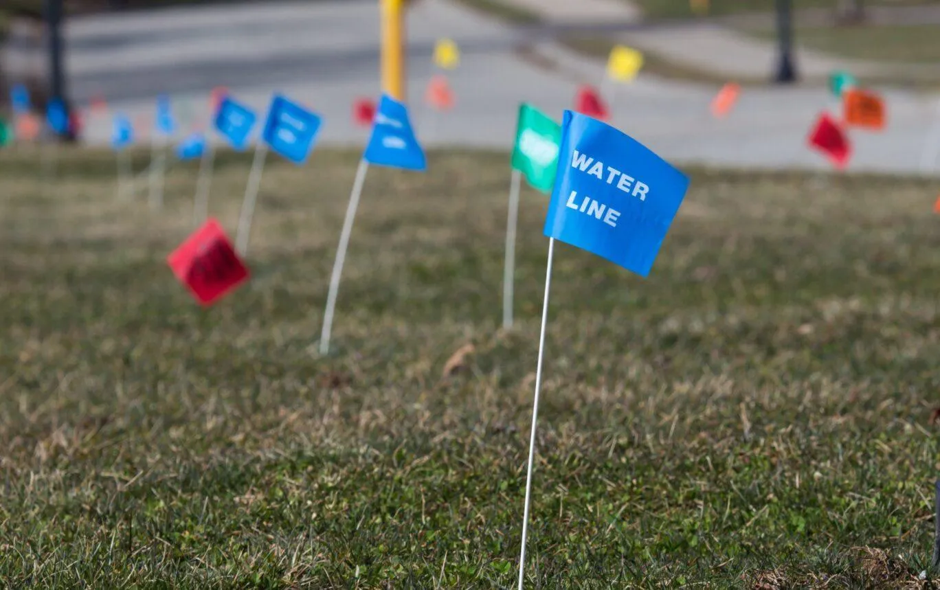 A lawn is marked with several different underground utility marker flags. (Shutterstock)