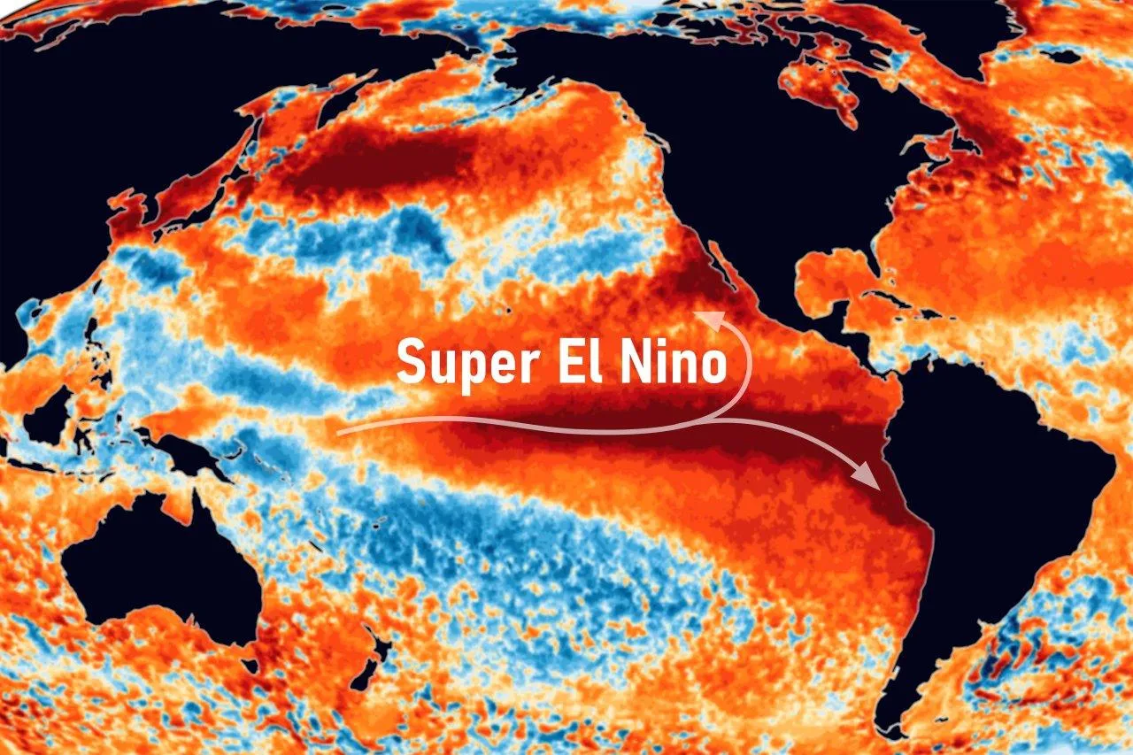 Map of the Pacific Ocean, water surface temperature anomalies, record accumulation of superheated water, the Super El Nino phenomenon in the entire history of human observations of the Earth climate. Photo via aapsky on Shutterstock.