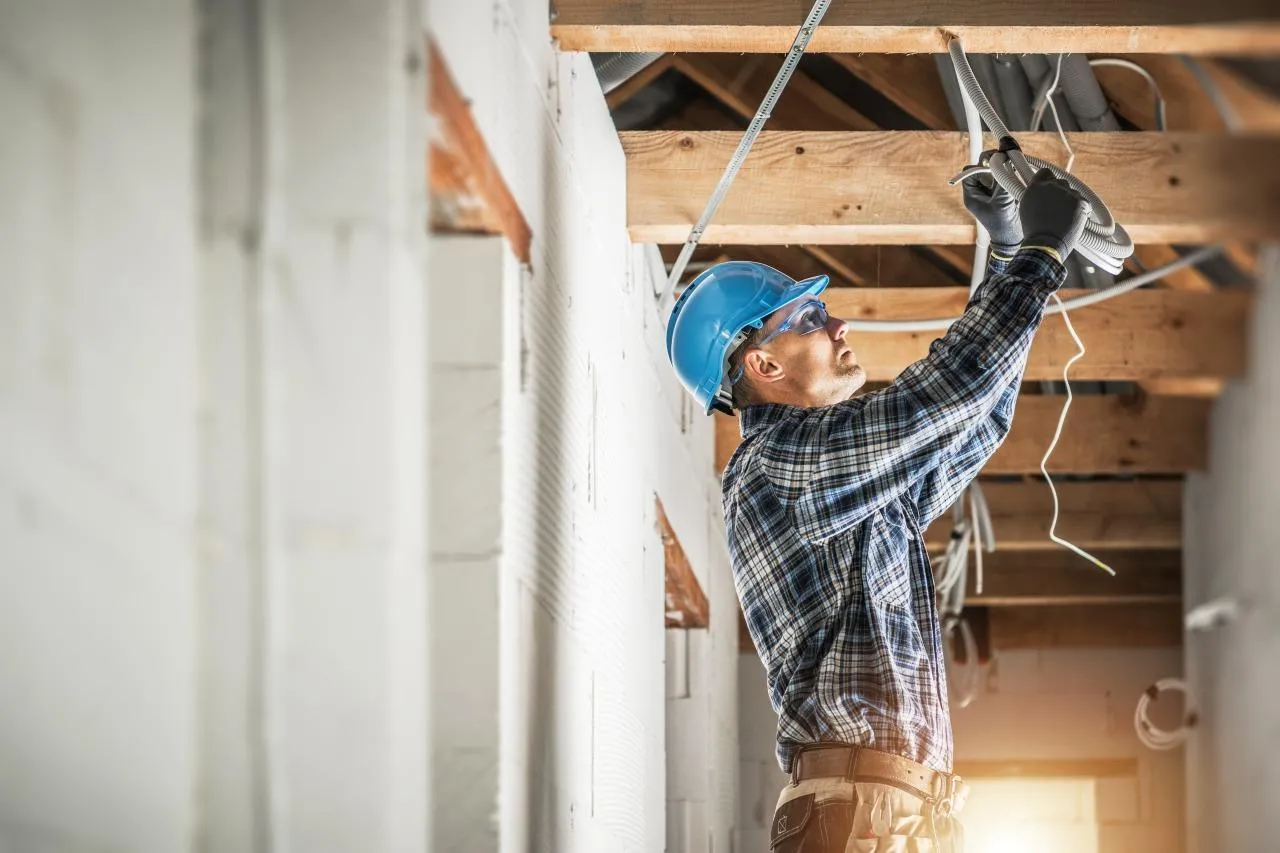 An electrical worker wearing a blue hard hat and safety glasses installs wiring inside of a home. -Photo via Shutterstock.